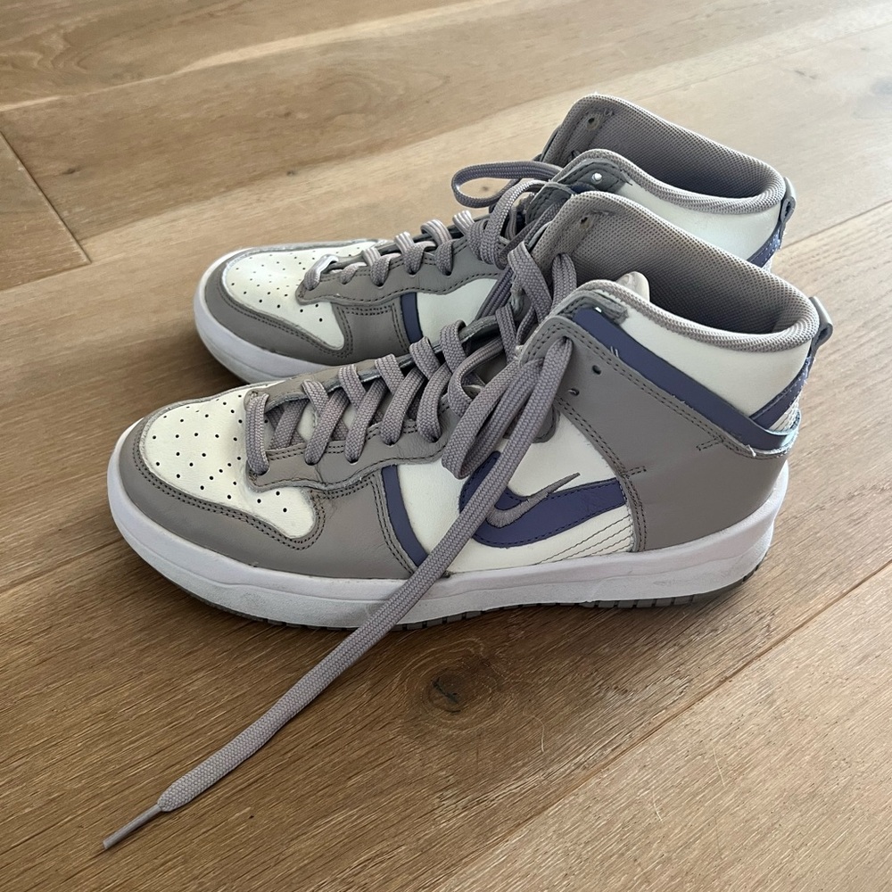 Grey, blue, and white Nike dunks. Women’s 8.5, lightly used